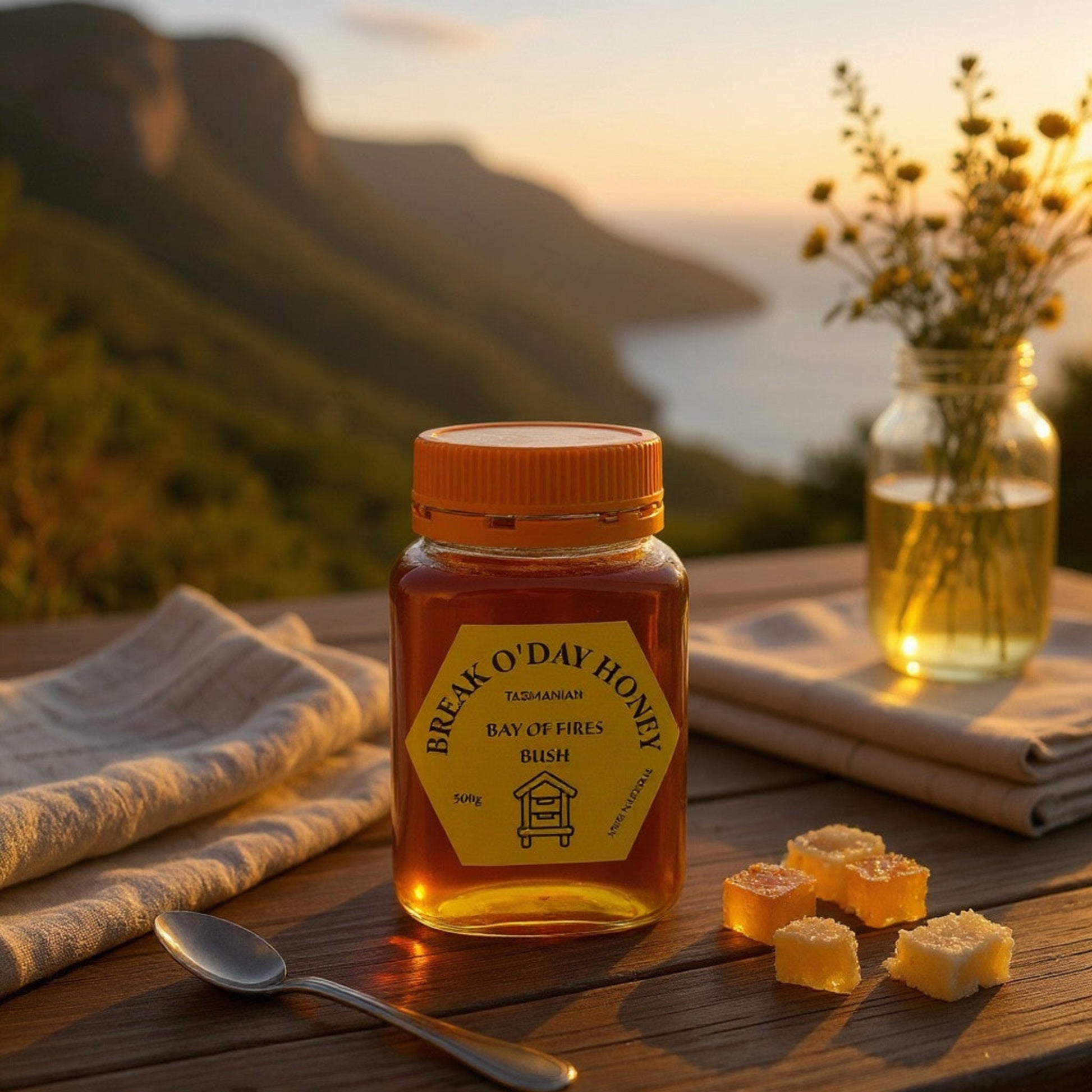 Jar of Break O'Day Tasmanian Bush Honey on a wooden table with a scenic background