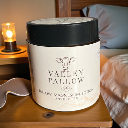 Best Tallow Cream Valley Tallow Magnesium Lotion Unscented jar with locally made Tasmanian beef tallow skincare label