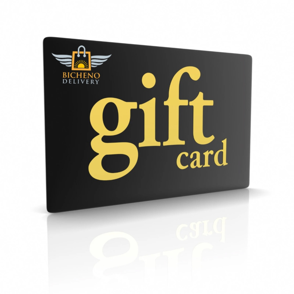 Black gift card with gold text and Bicheno Delivery Tasmanian logo on a white background