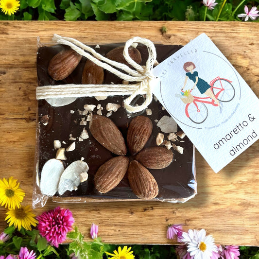 Handcrafted Dark Chocolate Amaretto Almond bar by The Traveller Tasmania showing rich chocolate texture with visible almond pieces
