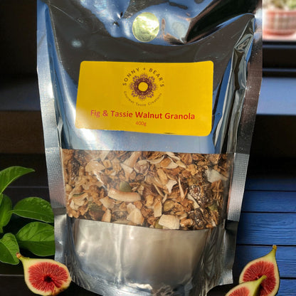 Close-up of Fig and Tassie Walnut Granola showing dried figs, Tasmanian walnuts and oat clusters