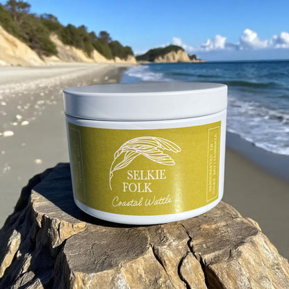 Handmade Coastal Wattle soy candle by Selkie Folk Tasmania featuring golden wattle floral fragrance