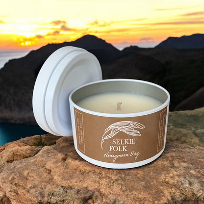Romantic Honeymoon Bay soy candle displaying premium packaging and authentic Tasmanian artisan quality