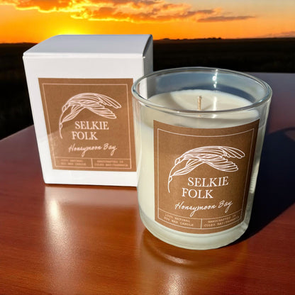 Handmade Honeymoon Bay romantic soy candle by Selkie Folk Tasmania with wildflower honey spice fragrance