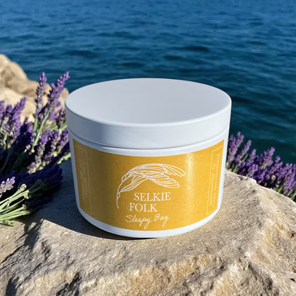 Handcrafted Sleepy Bay soy candle with Selkie Folk branding and Tasmanian coastal-inspired packaging