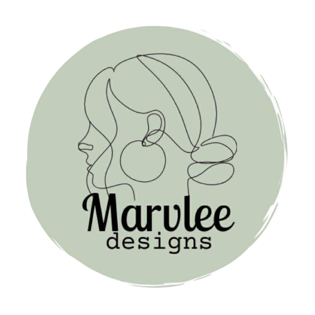 Circular logo with a stylized face and 'Marvlee designs' text on a light green background