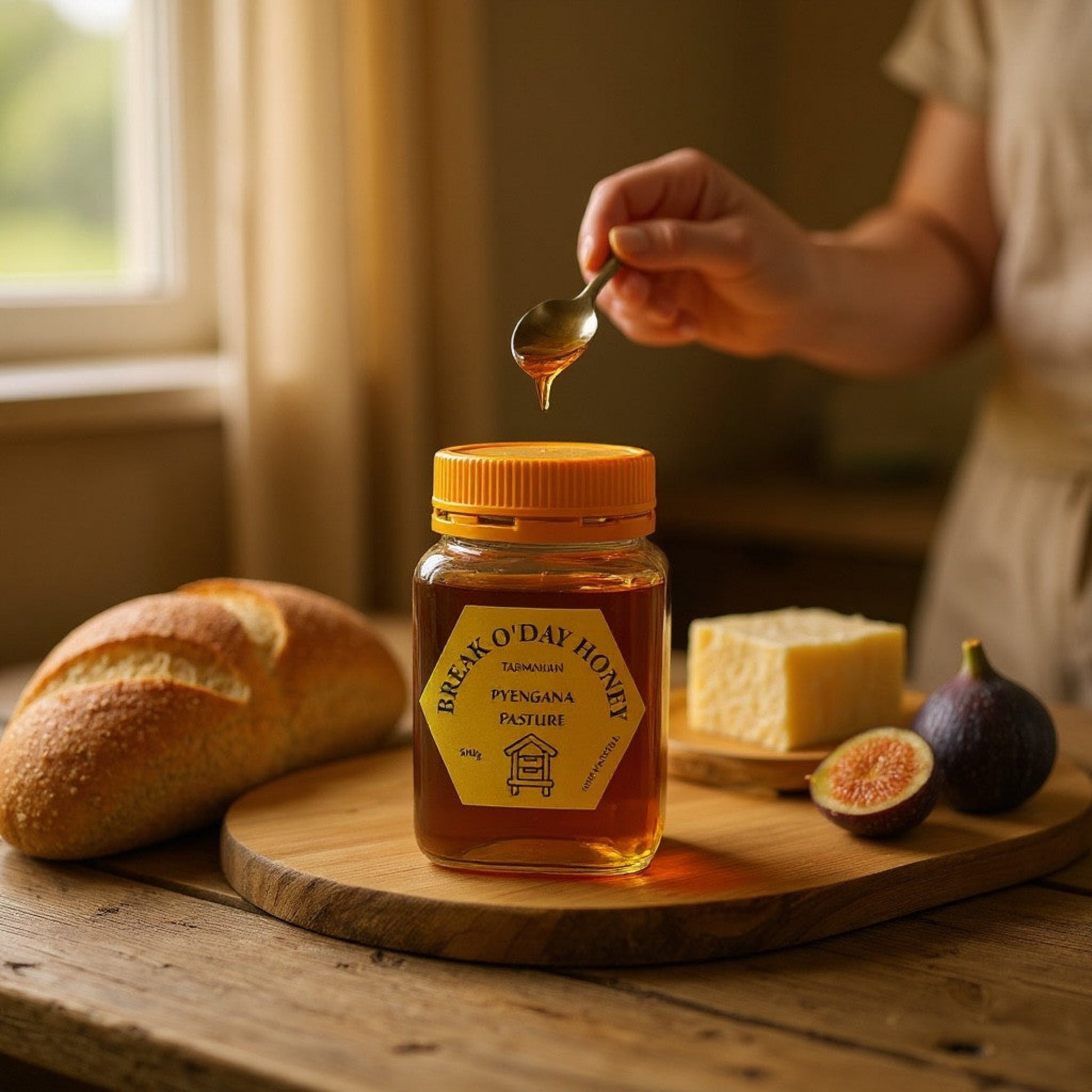 Person drizzling Tasmanian honey from a jar labeled 'Break O'Day Honey' onto bread and cheese on a wooden board.