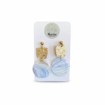 Reef large dangle earrings three tier design with gold texture and real Tasmania East Coast shells handmade polymer clay by MarvLee Designs
