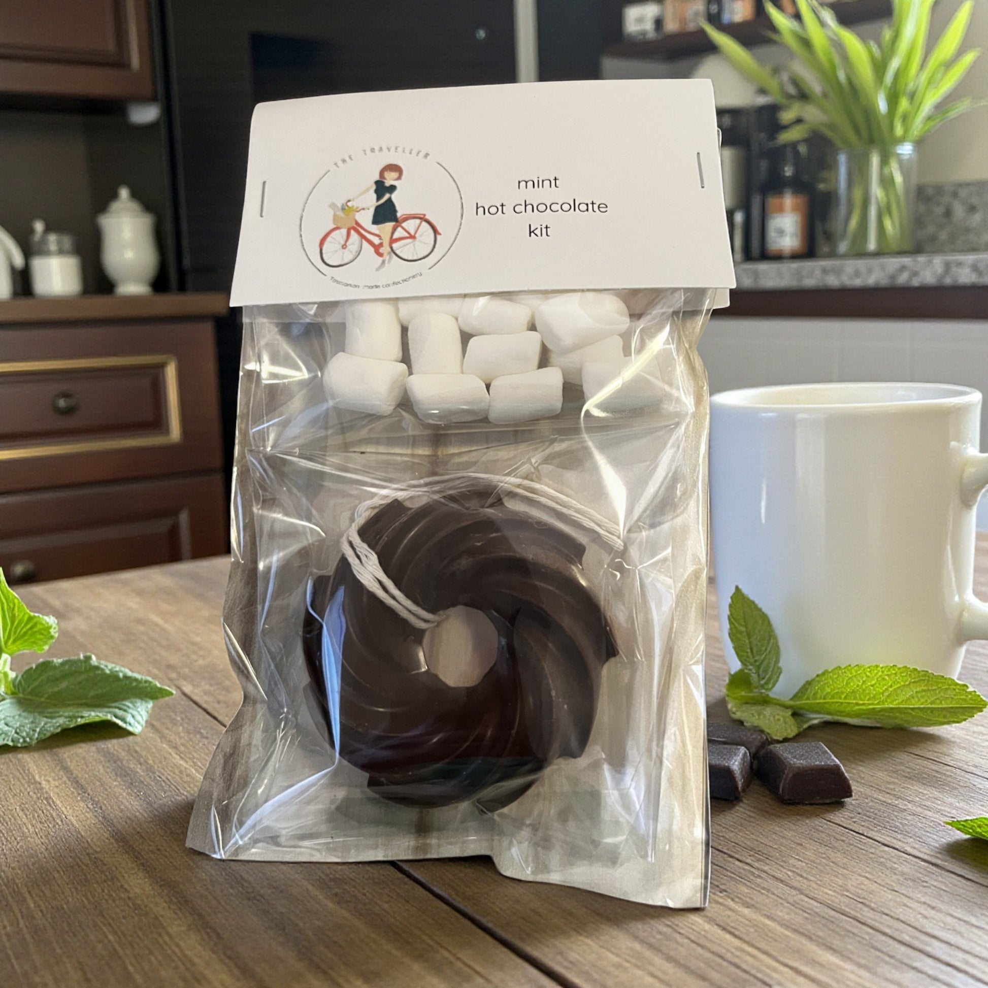 Tasmanian Mint Hot Chocolate Kit by The Traveller Handmade Confectionery in clear packaging