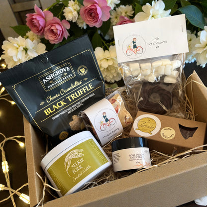 Assorted Tasmanian treats and pampering items in a gift box – perfect for indulgence and gifting