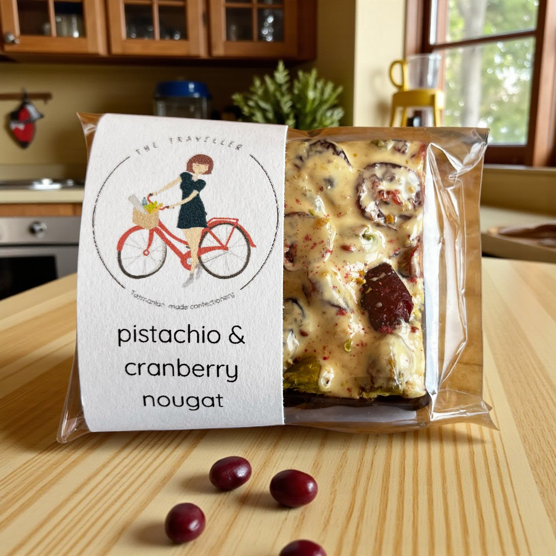 Tasmanian Pistachio & Cranberry Nougat by The Traveller Handmade Confectionery in clear packaging
