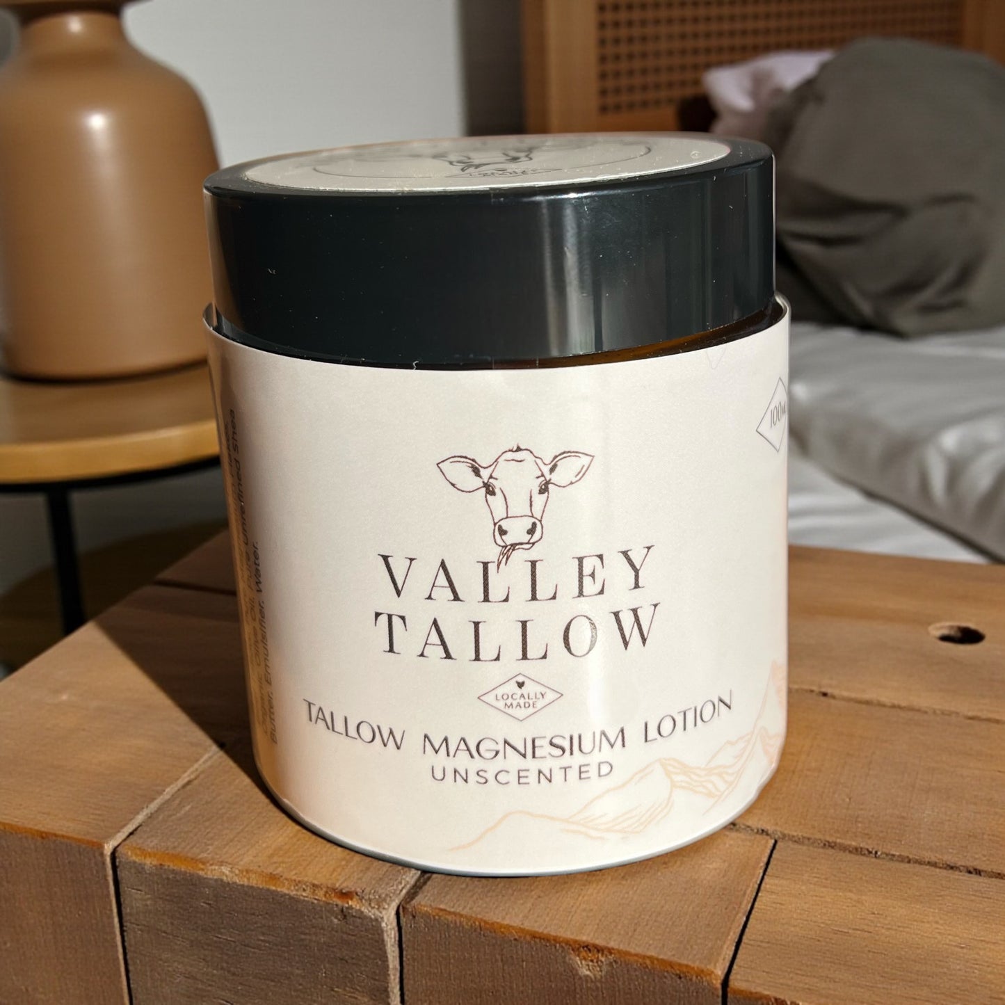 Valley Tallow Magnesium Lotion Unscented jar with locally made Tasmanian beef tallow skincare label
