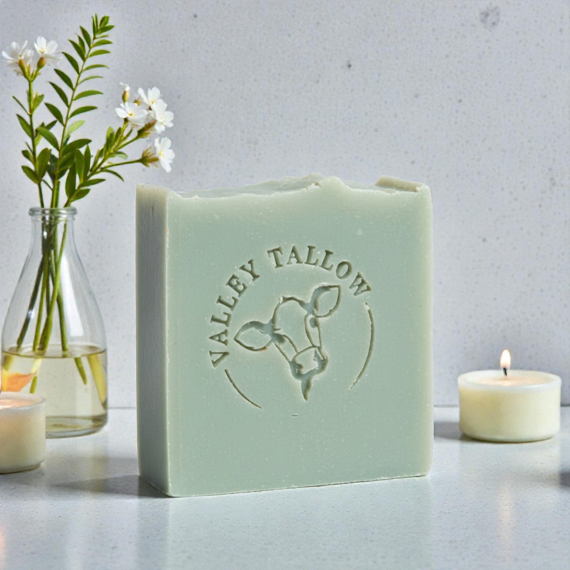 Tassie Tallow - Tasmanian Tallow Soap Lemongrass & Lime by Valley Tallow with logo, styled with candles and flowers