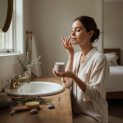 Woman applying Tasmanian Valley Tallow Summa Luvin decadent Tallow body and face cream to cheek in natural bathroom setting