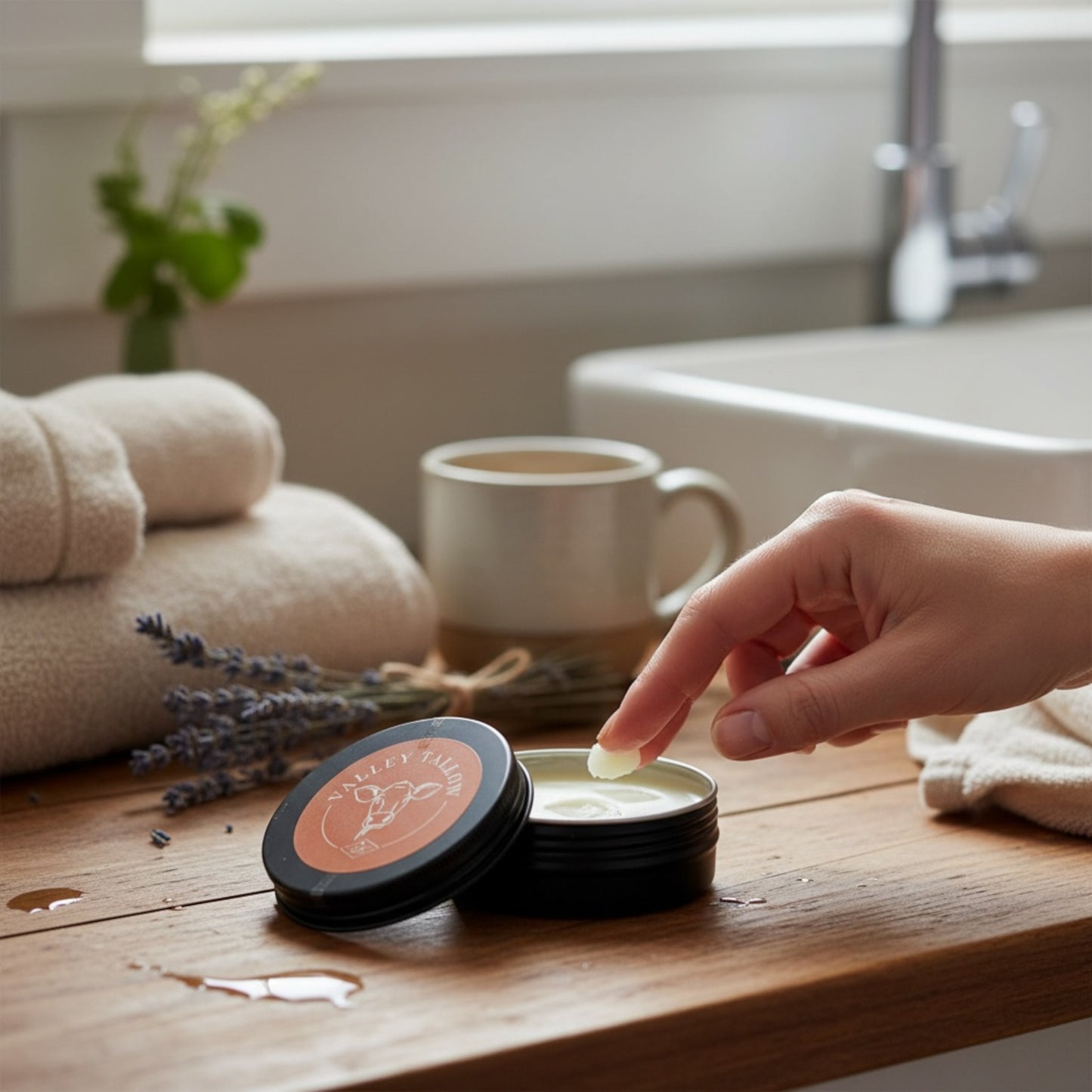 Hand scooping Tasmanian Valley Tallow Lavender and Vanilla Hand and Body Balm from open tin with lavender sprigs and towels