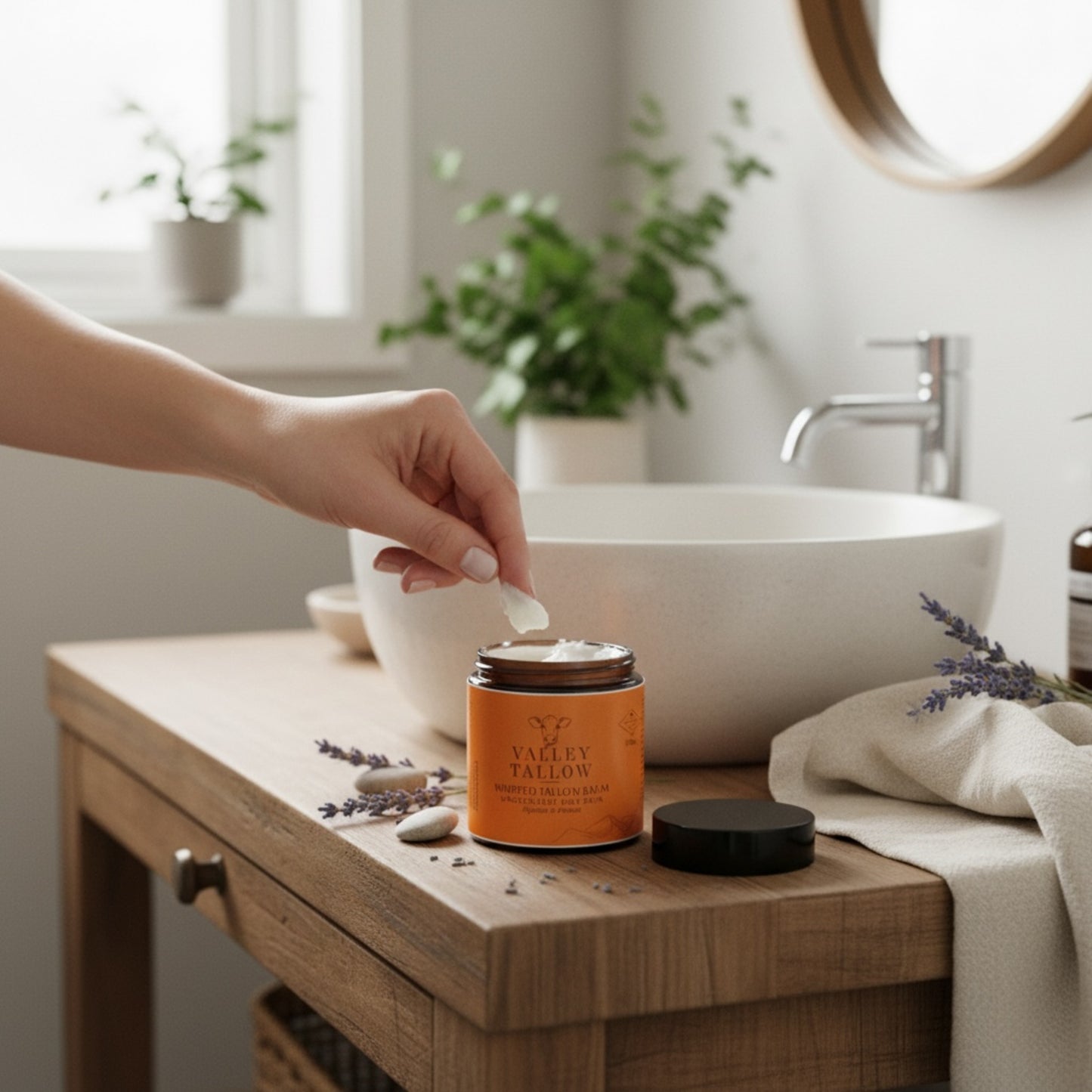 Person applying Tasmanian Tallow cream from a jar on a bathroom counter with plants and a sink in the background.