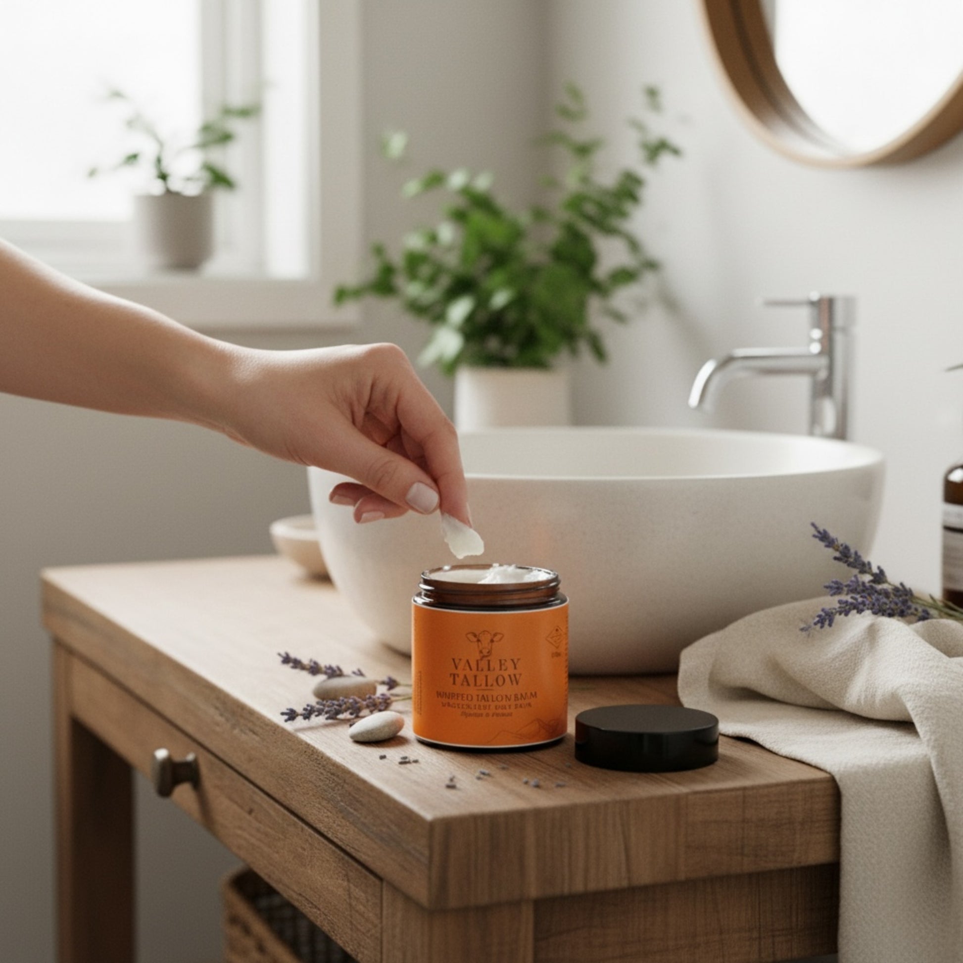 Person applying Tasmanian Tallow cream from a jar on a bathroom counter with plants and a sink in the background.