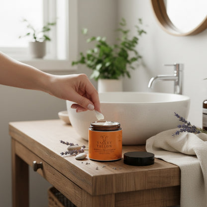 Person applying Tasmanian Tallow cream from a jar on a bathroom counter with plants and a sink in the background.