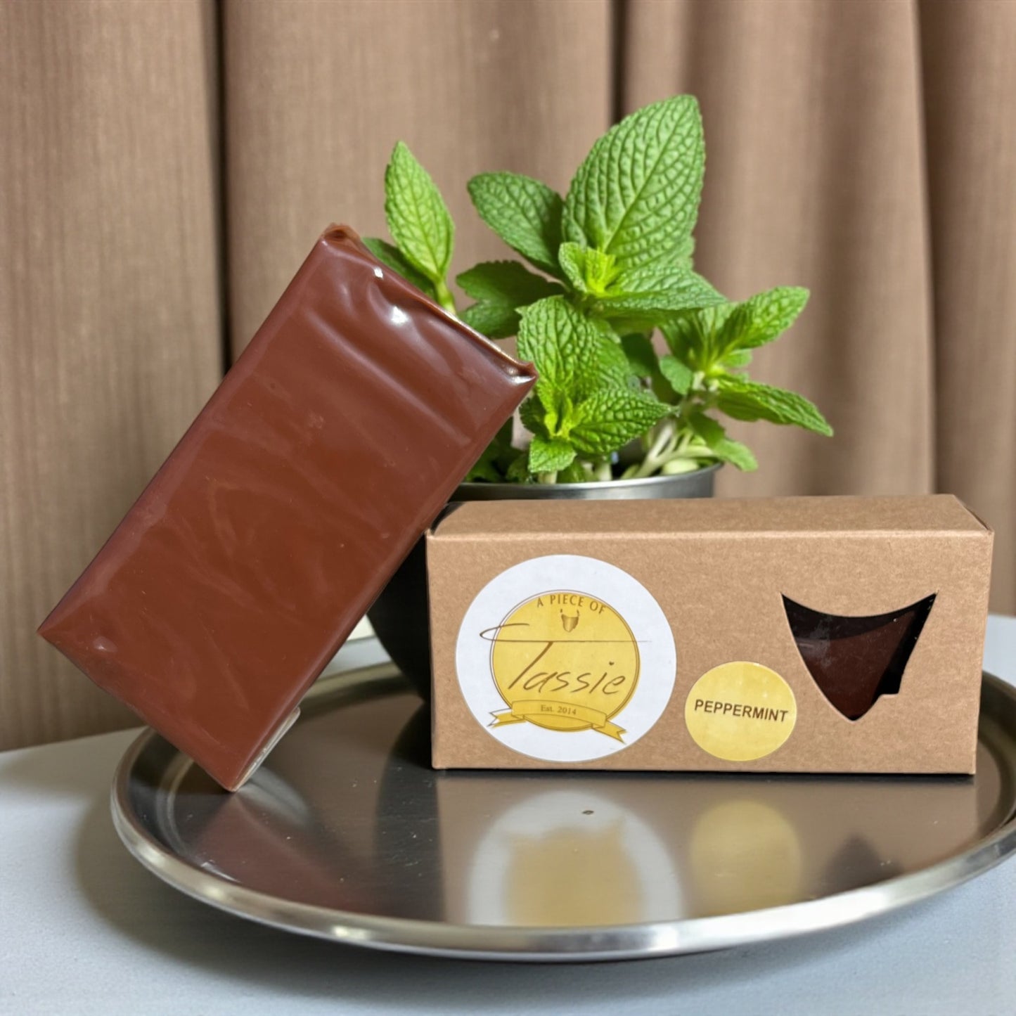 Tasmanian Fudge on a metal tray with a mint plant in the background.