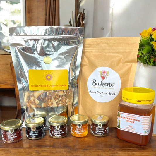 Tasmanian Gourmet Breakfast variety pack Apricot Almond and Cranberry Granola, Freeze Dried Fruit Salad, Leatherwood Honey and Tasmanian jams