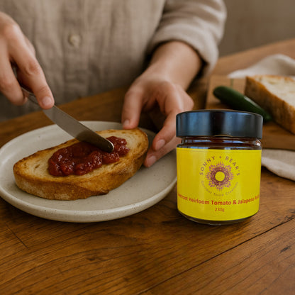 Person spreading tomato relish on toast with a jar of Tasmanian Sonny & Bear's gourmet relish on a wooden table.