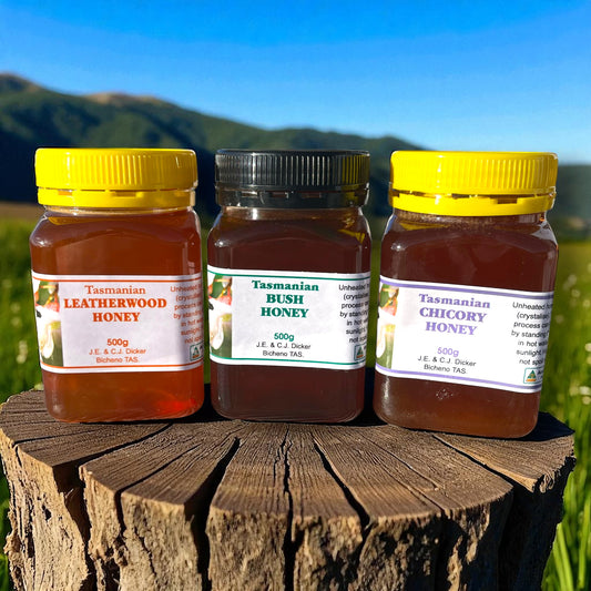 Tasmanian honey collection featuring three jars of Leatherwood, Bush and Chicory honey from Bicheno Delivery