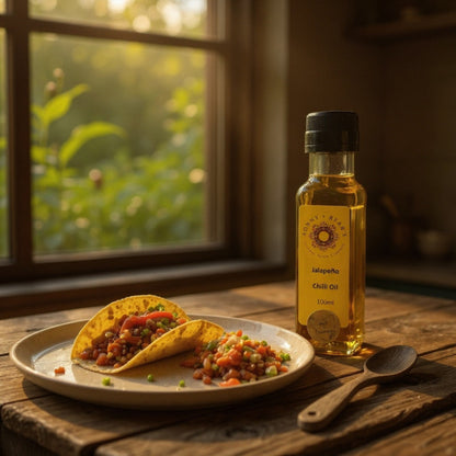 Two tacos on a plate with a bottle of Tasmanian Jalapeno Chilli oil on a wooden table near a window.