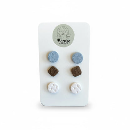 Handmade polymer clay stud earrings in assorted colors crafted in Tasmania