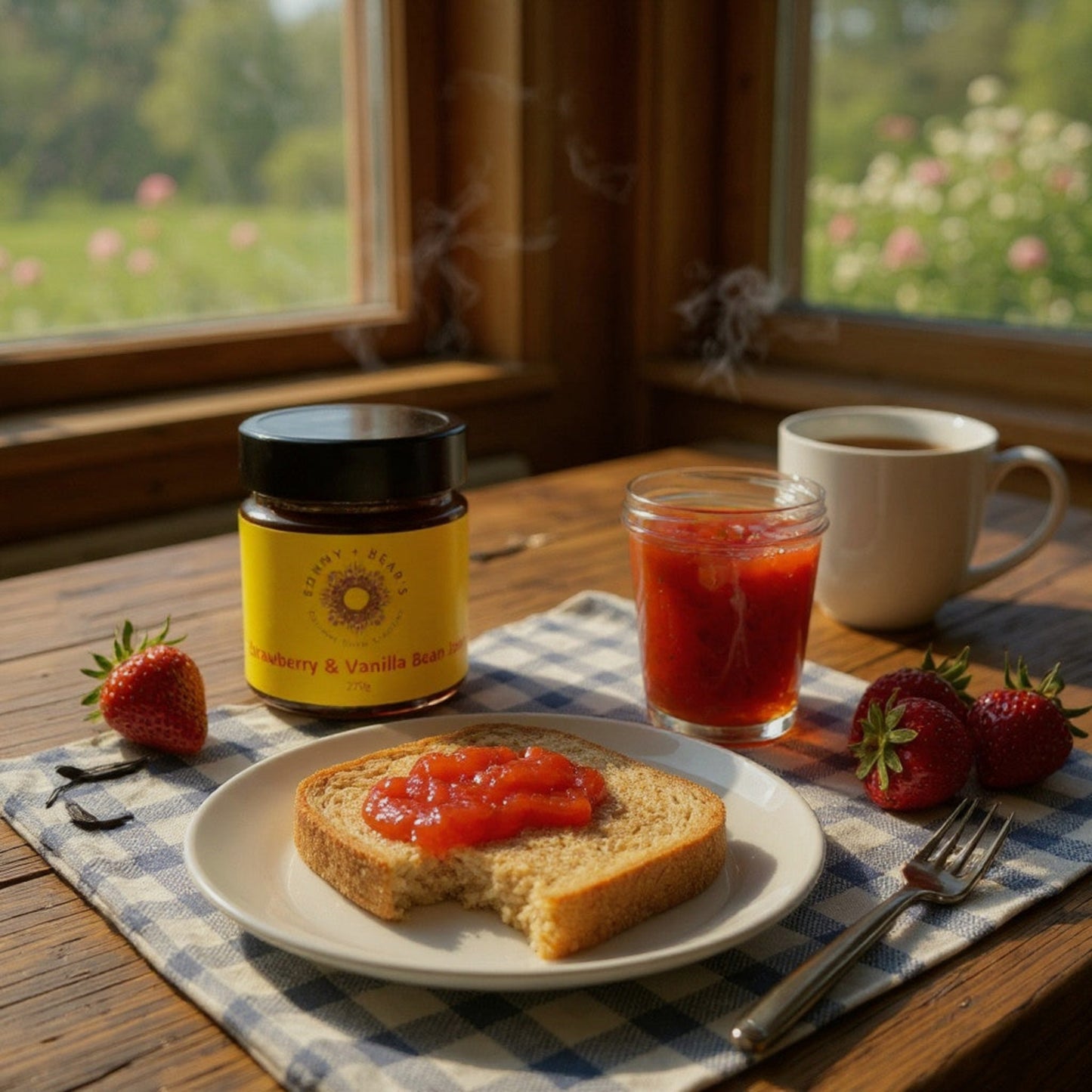 Breakfast scene with toast, Tasmanian Strawberry jam, and coffee on a checkered tablecloth by a window with a garden view.