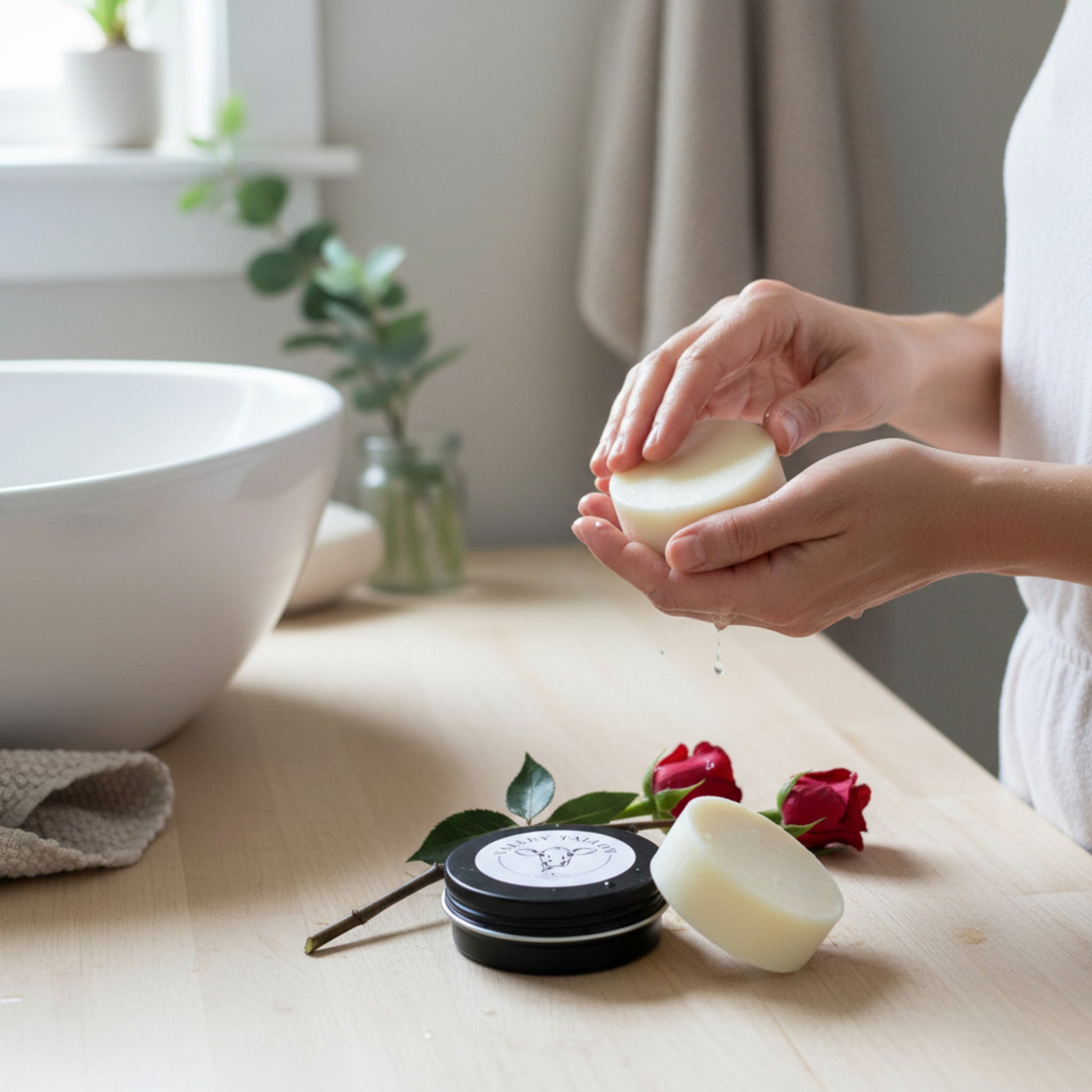 Person holding a bar of Tasmanian-made tallow hand balm for dry and hardworking hands with a bowl, towel, and flowers in the background