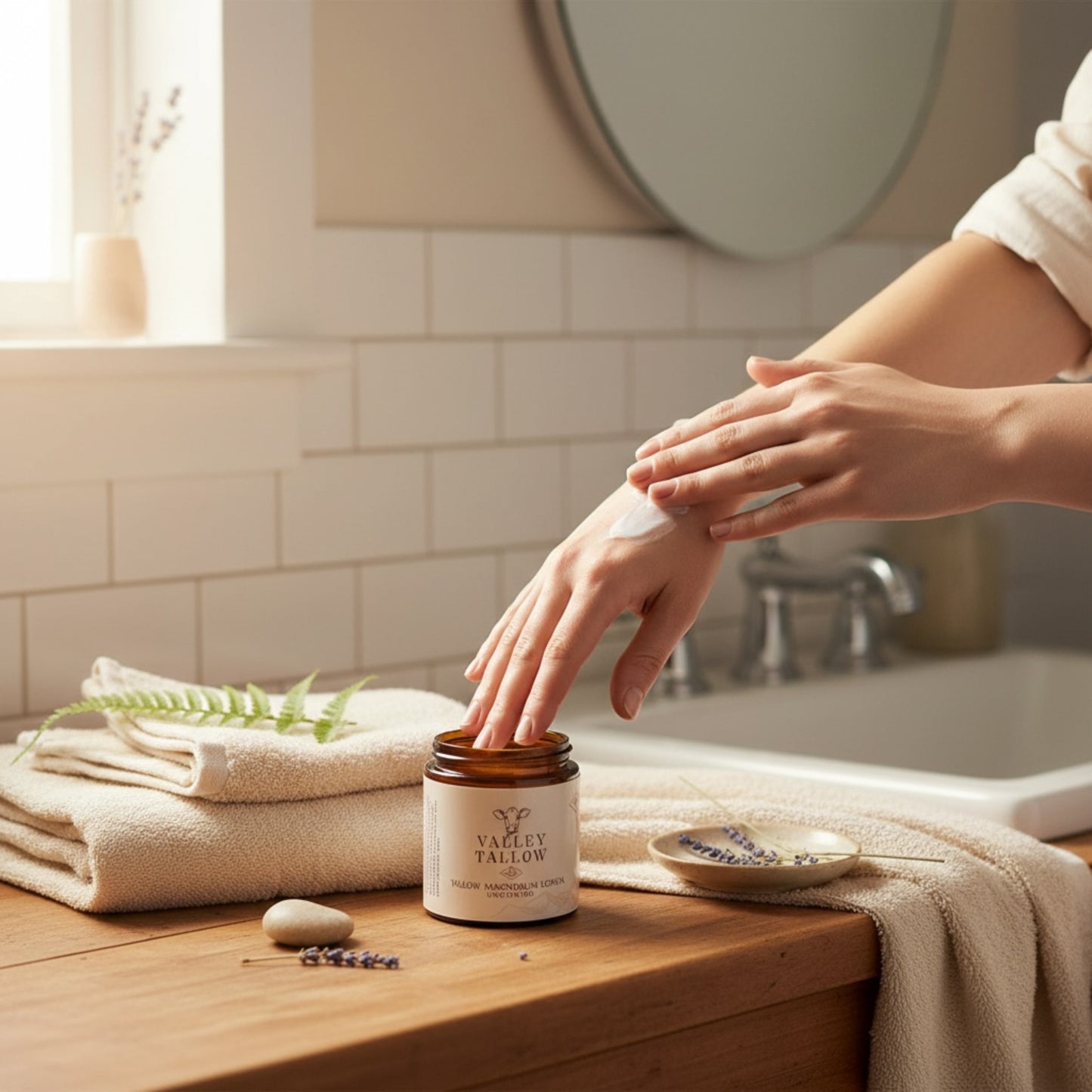 Person applying lotion to their hand with a jar of Tasmanian Valley Tallow cream on a bathroom counter.