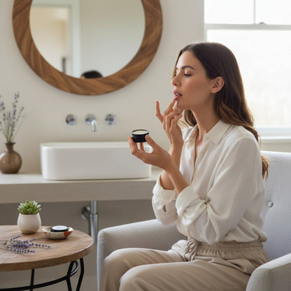 Woman applying Tallow vanilla lip balm in tin made from Tasmanian beef tallow in a bathroom setting