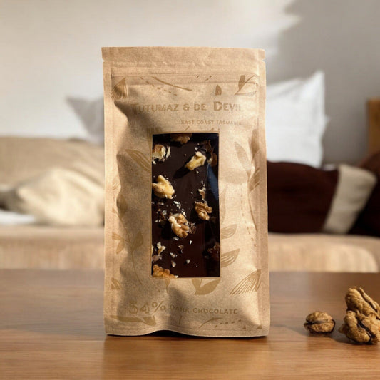 Tutumaz & De Devil dark chocolate bar with Tasmanian walnuts handcrafted in Bicheno Tasmania